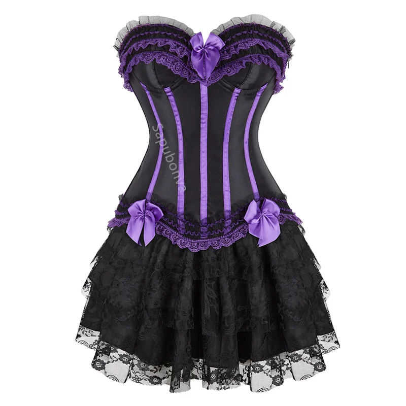 Corset Dress Bustier Skirt Tutu Set Stripe Lace Up Gothic Victorian Lolita Vintage Sexy Exotic Burlesque Korsett Plus Size