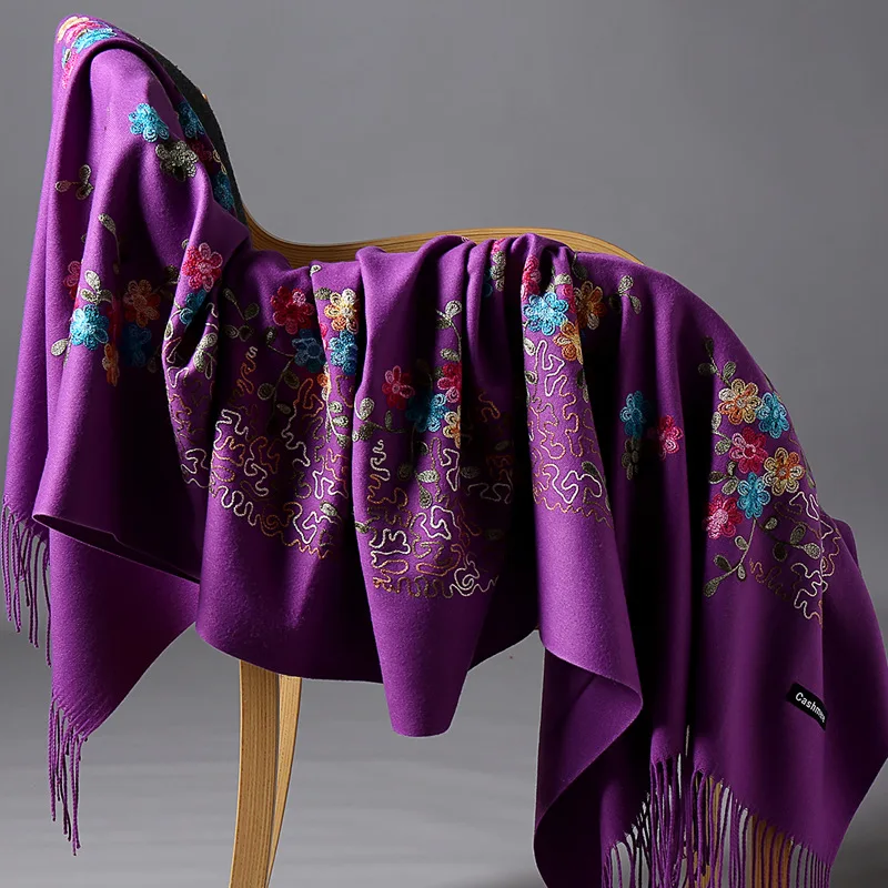 Cashmere Scarf Orange/Fushcia/Purple Flower Embroidery Women Blanket Shawls And Wraps Long Pashmina Bufanda Warm Winter Scarves