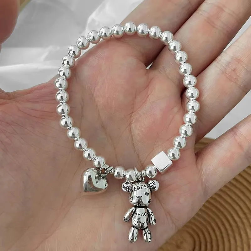 

925 Sterling Silver Bracelets for Women String of Beads Accessories Trend Vintage Simple Cute Bear Pendant Party Jewelry