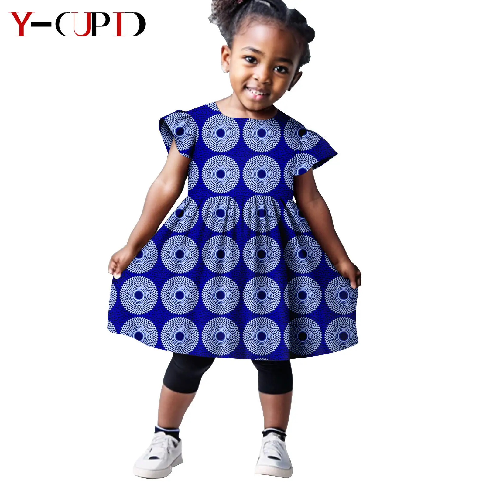 

African Clothes Summer Dashiki Flying Sleeve Print Dresses for Girls Bazin Riche Kids Children Ankara Outfits Party Wear Y234031