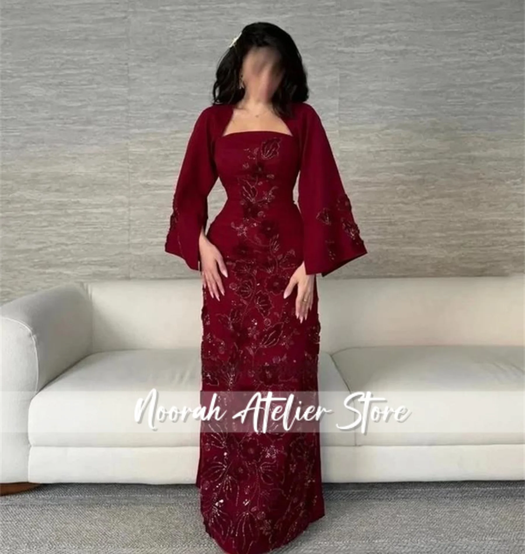 Rosenrote Perlenapplikationen mit langen Ärmeln, luxuriöse, hochwertige Damen-Abendkleider 2025, elegantes Hochzeitskleid, individuell gestaltet