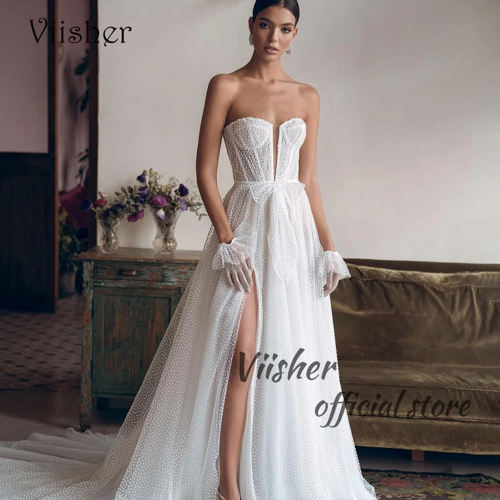 Viisher-Branco Pontilhado Vestidos De Casamento De Tule, Arco Da Frente, Querida, Vestido De Noiva Boho, Split Side, A Linha, Casamento Praia, Vestidos De Noiva