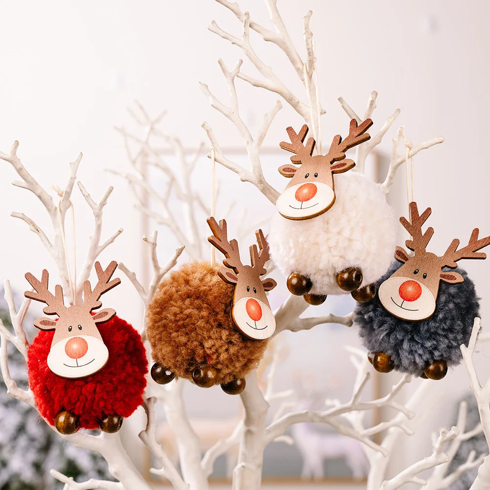 

4Pcs Christmas Tree Hanging Decors Elk Themed Wood Felt Pendant for Xmas Holiday Party Fireplace Window Decoration
