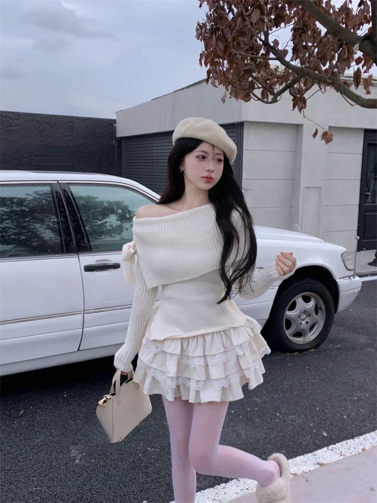 Winter Kawaii Sweet 2 Piece Set Woman Off Shoulder Bow Knitted Tops + Mini Cake Skirt Female Korean Fashion Casual Suit 2024 New