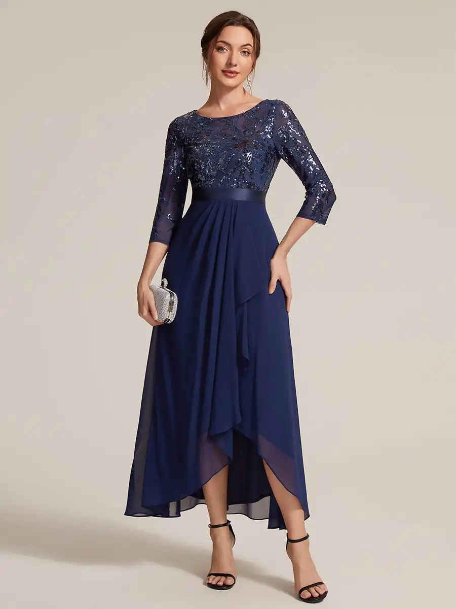 robes-de-soiree-asymetriques-a-volants-et-manches-trois-quarts