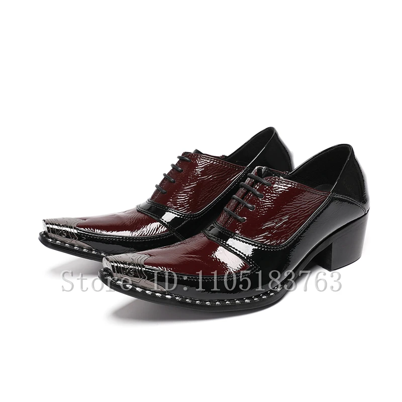 Men Metal Pointed Toe Block Heel Oxford Shoes Patent Leather Lace Up Formal Dress Shoes for Wedding Club Stage Performance