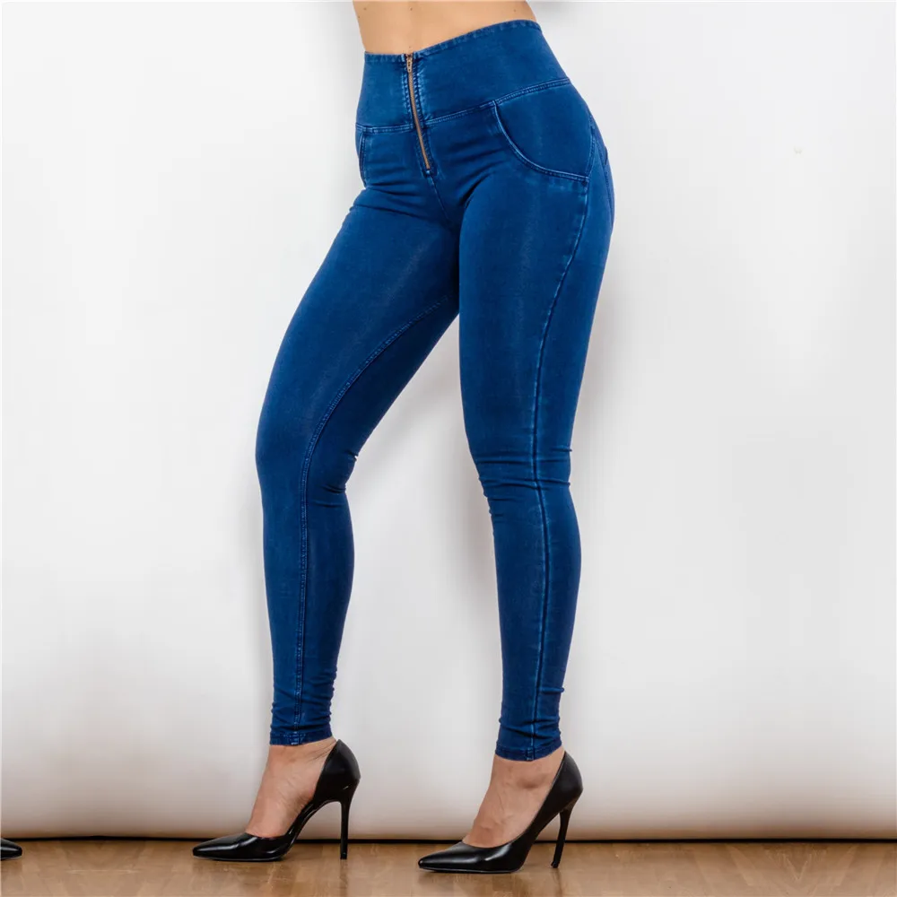 Shascullfites Melody High Waist Zipper Fly Jeans Jeggings Butt Lift Jeans High Waist Stretch Jeans Blue Denim Jeans