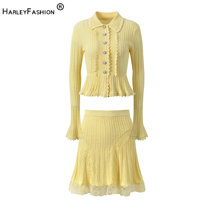 2026 Lady Solid Suit Turn-down Collar Flared Long Sleeve Single-breasted Cardigan Lace Patchwork Mini Skirt Women Knit 2pcs