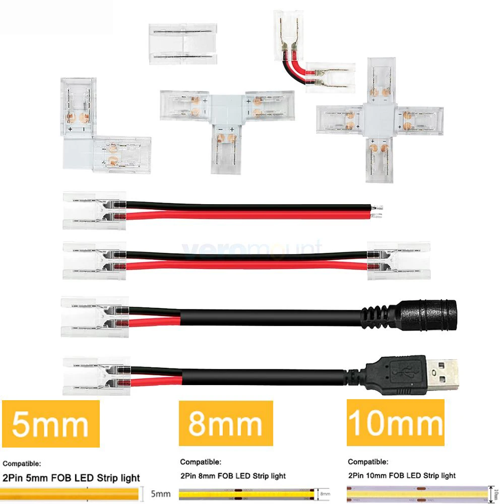 5pc COB LED Strip Connector 5mm 8mm 10mm Width IP20 2Pin Single Color Strip to Strip Wire Power Joint Corner Seamless Connector