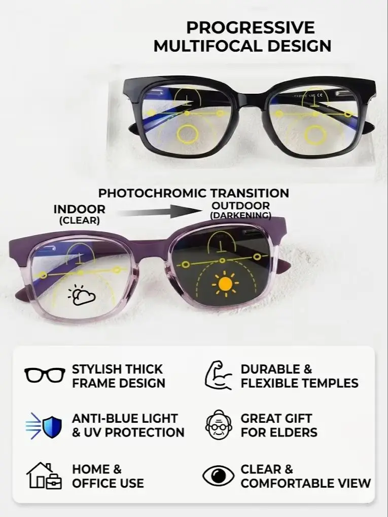 Klassische Progressive Multifokale Photochrome Lesebrille für Damen und Herren, Ultraleichter Rahmen, Luxus-Designermarke, Klare Gläser für den Täglichen Gebrauch