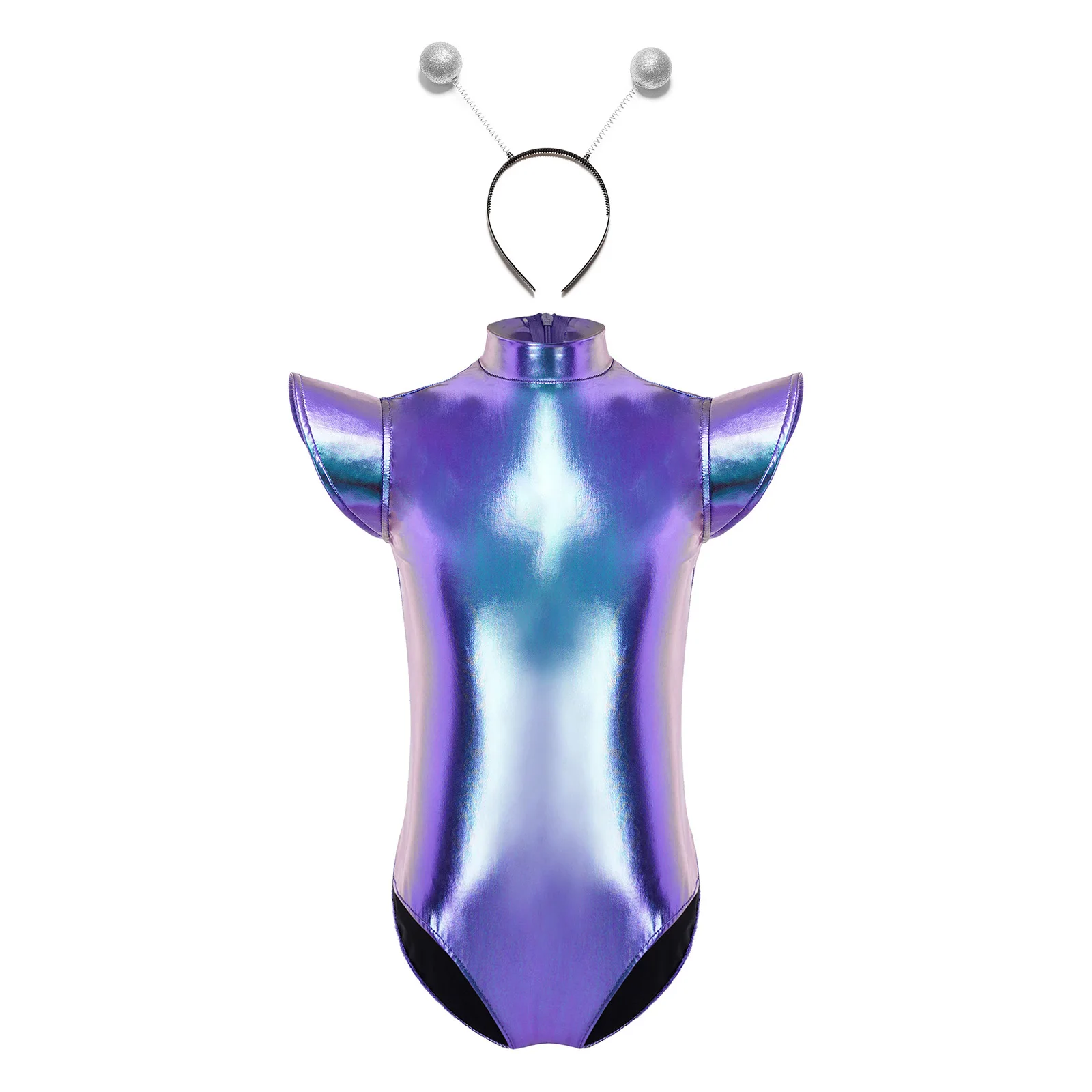 Halloween Space Astronaut Alien Costume Girls Cap Sleeve Metallic Shiny Leotard Gymnastics Ballet Bodysuit with Hair Hoop Outfit