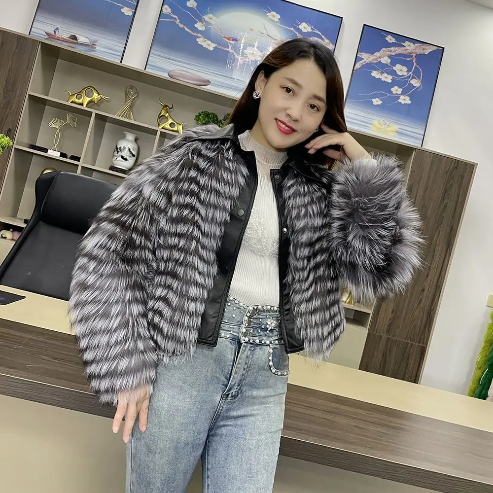 

Hot Selling 2023 New Imported Silver Fox Fur Grass Coat High-Eend Women's Short Classic Cardigan Autumn Winter Stripes Jacket