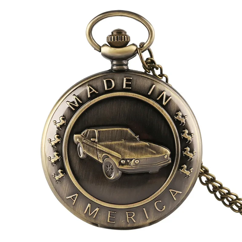 Retro Bronze 3D Car Pattern Full Hunter Necklace Chain Quartz Pocket Watch for Men Women Pendant Fob Watches Vintage Gifts Reloj