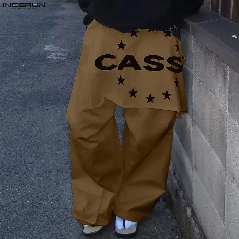 INCERUN الرجال السراويل الطباعة المرقعة زر ركض السراويل الرجال الشارع الشهير فضفاض موضة عادية الذكور السراويل الطويلة شخصية