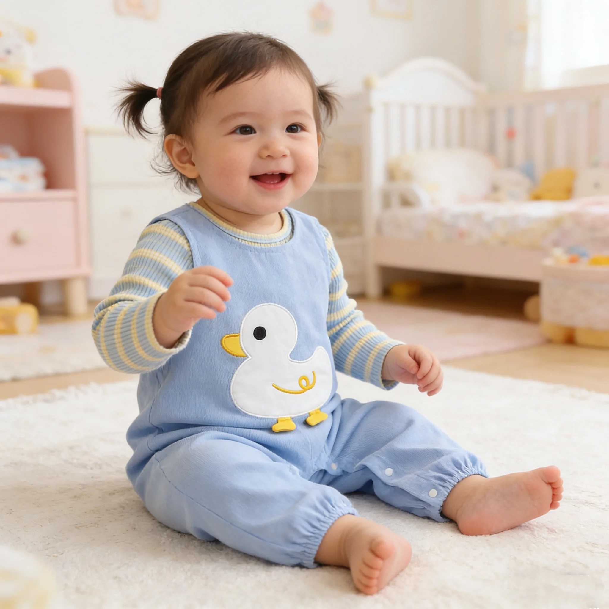 

Весенне-осенний новый комплект для малышей: комбинезон-переноска для утят + полосатый топ, одежда для младенцев