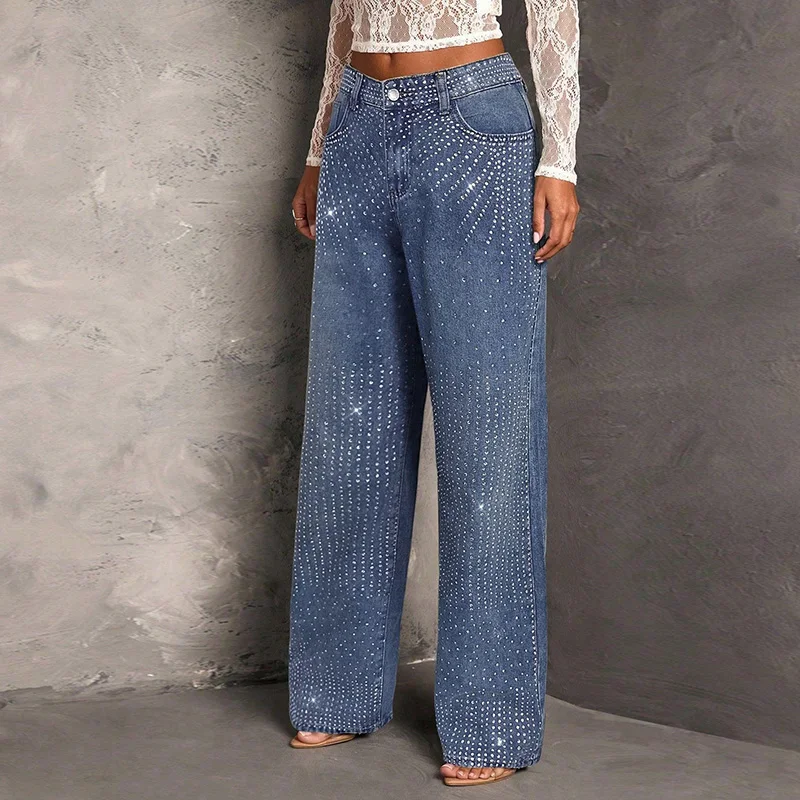 Benuynffy High Street Retro Diamonds Jeans Women's Spring Fall Mid Waisted Elastic Washed Loose Straight Wide Leg Denim Trousers