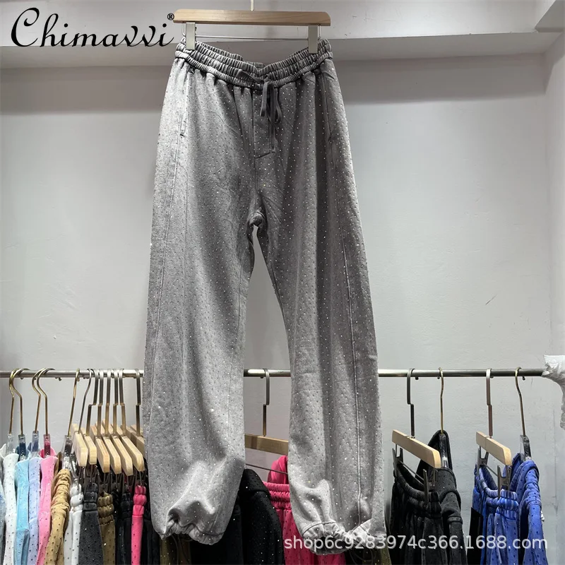 European Heavy Industry Hot Diamond Sweatpants Women\'s Elastic High Waist Tied Casual Pants Autumn New Fashion Loose Sweatpants