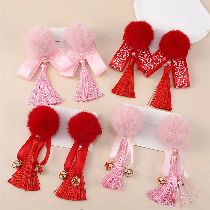 

2PCS /Set Chinese Style Festive Red Bows Hair Clip Girls Cute Plush Hair Ties Baby Velvet Bow Hair Clip New Year Hair Bands Gift