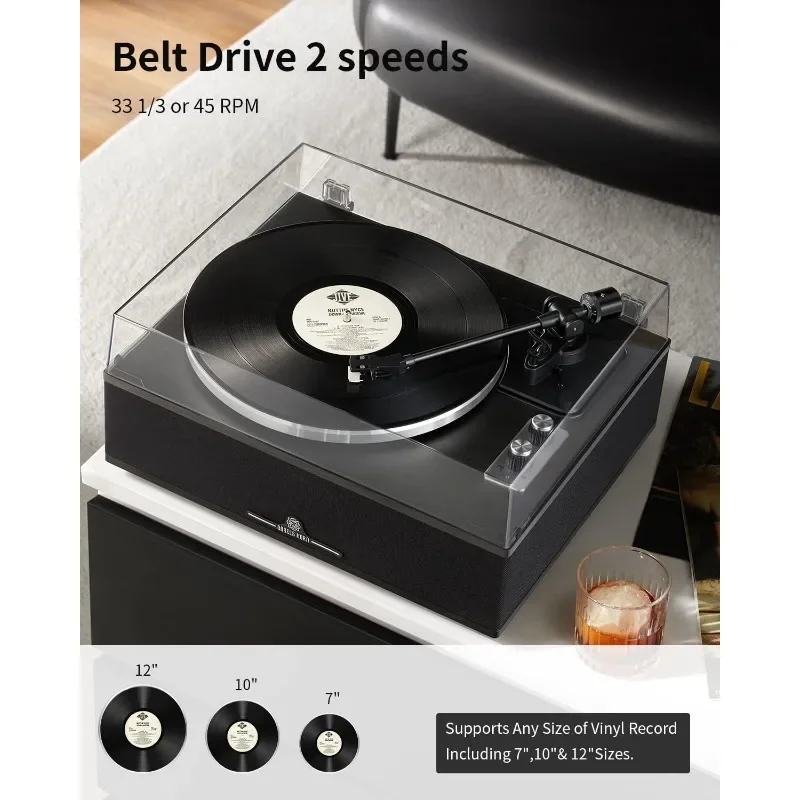 Bluetooth Vinyl Record Player - High-Fidelity 2-Speed Turntable with Built-in Speakers - Includes Phono Preamp&Magnetic AT-3600L