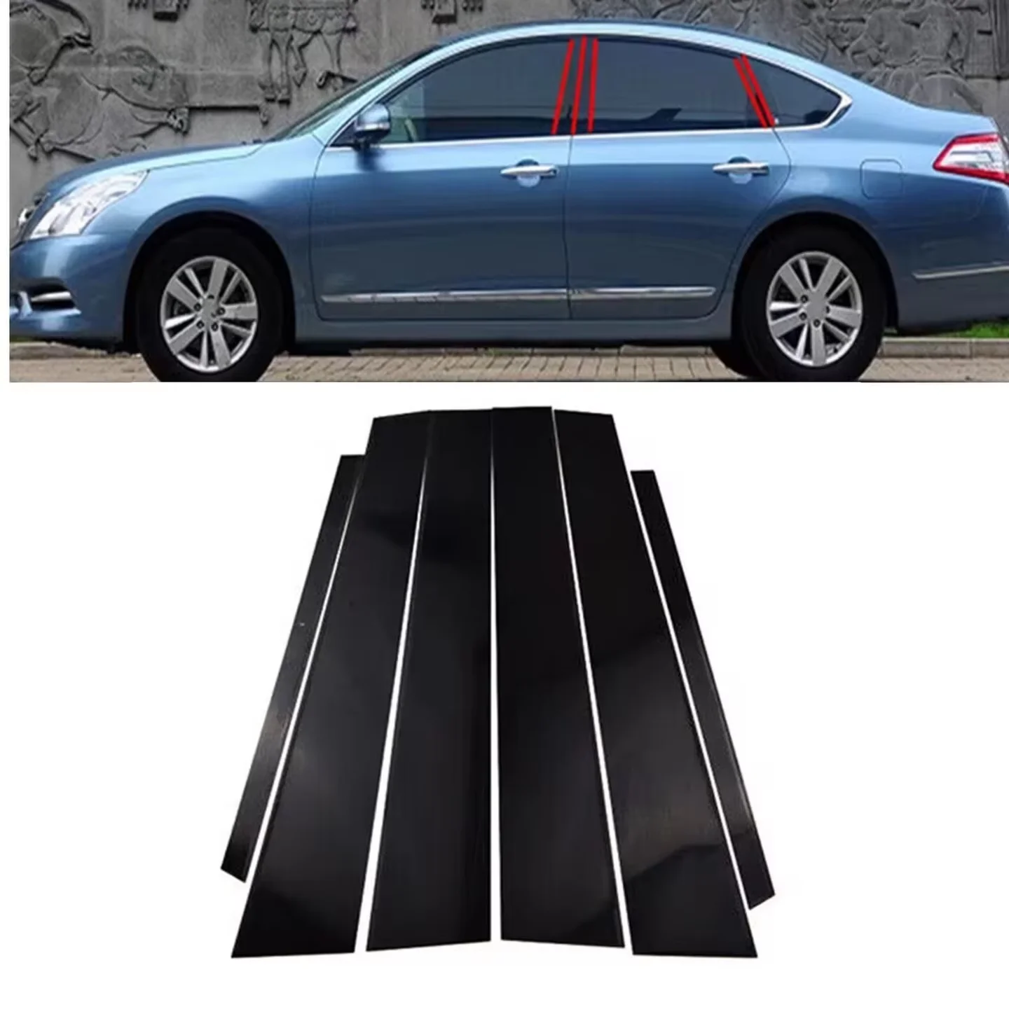 6PCS Glossy Black Pillar Posts Fit For  Nissan Teana J32 2009 2010 2011 2012 Window Moulding B C Center Sticker Cover