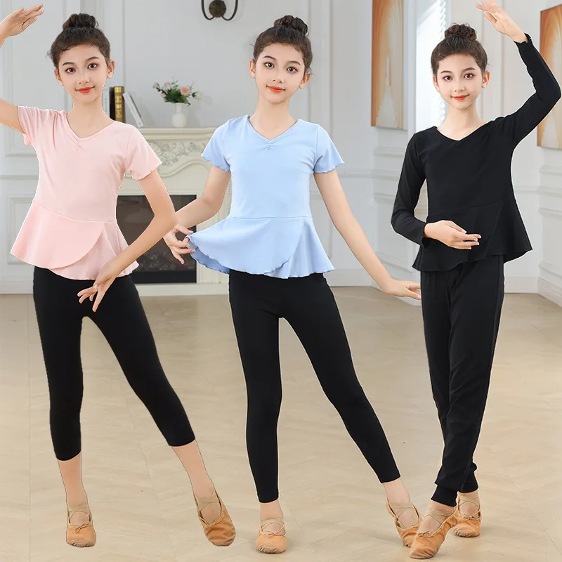

Одежда для балета и танцев, детские брюки с длинными/короткими рукавами и рюшами по подолу для девочек, йоги, фитнеса, тенниса, классические тренировочные профессиональные костюмы