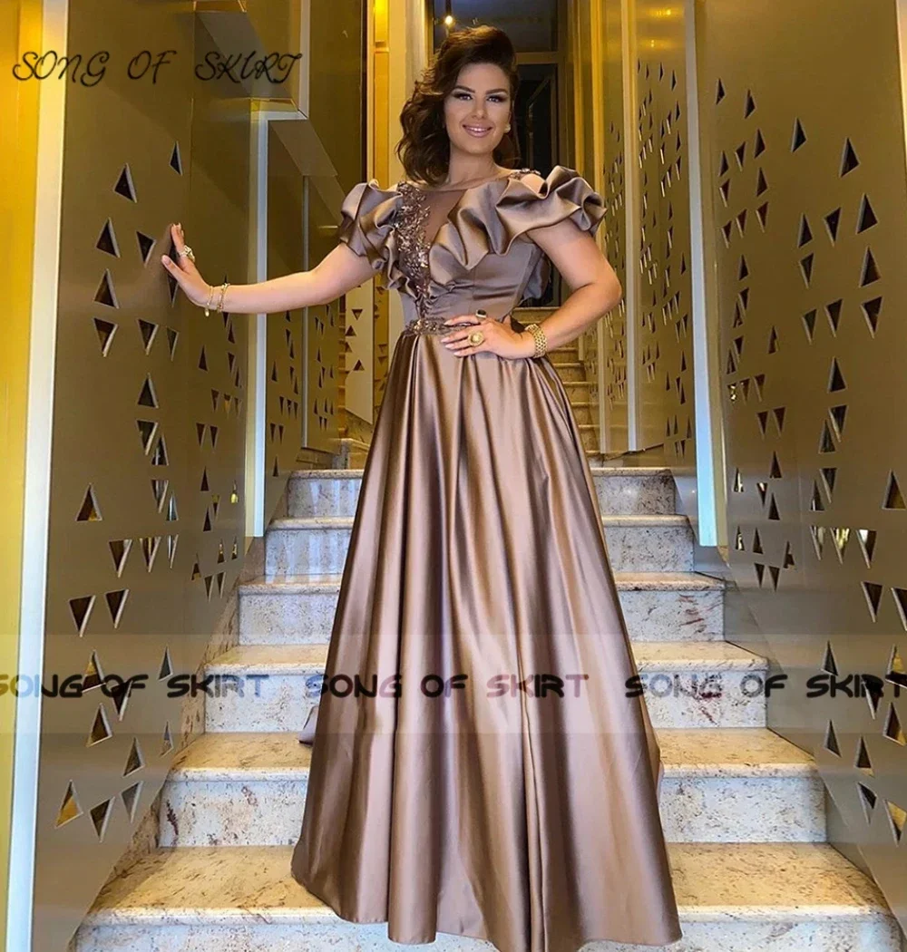 Personalizado de luxo miçangas mãe da noiva vestidos luz marrom plissado borda vestido de noite feminino longo cetim vestido de convidado de casamento robe