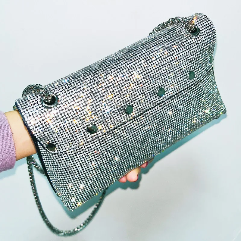 Fashion Luxury Designer Evening Clutch Bag Handle Rhinestones silver Shiny Crystal Wedding Purses and Handbag Shoulder Bag