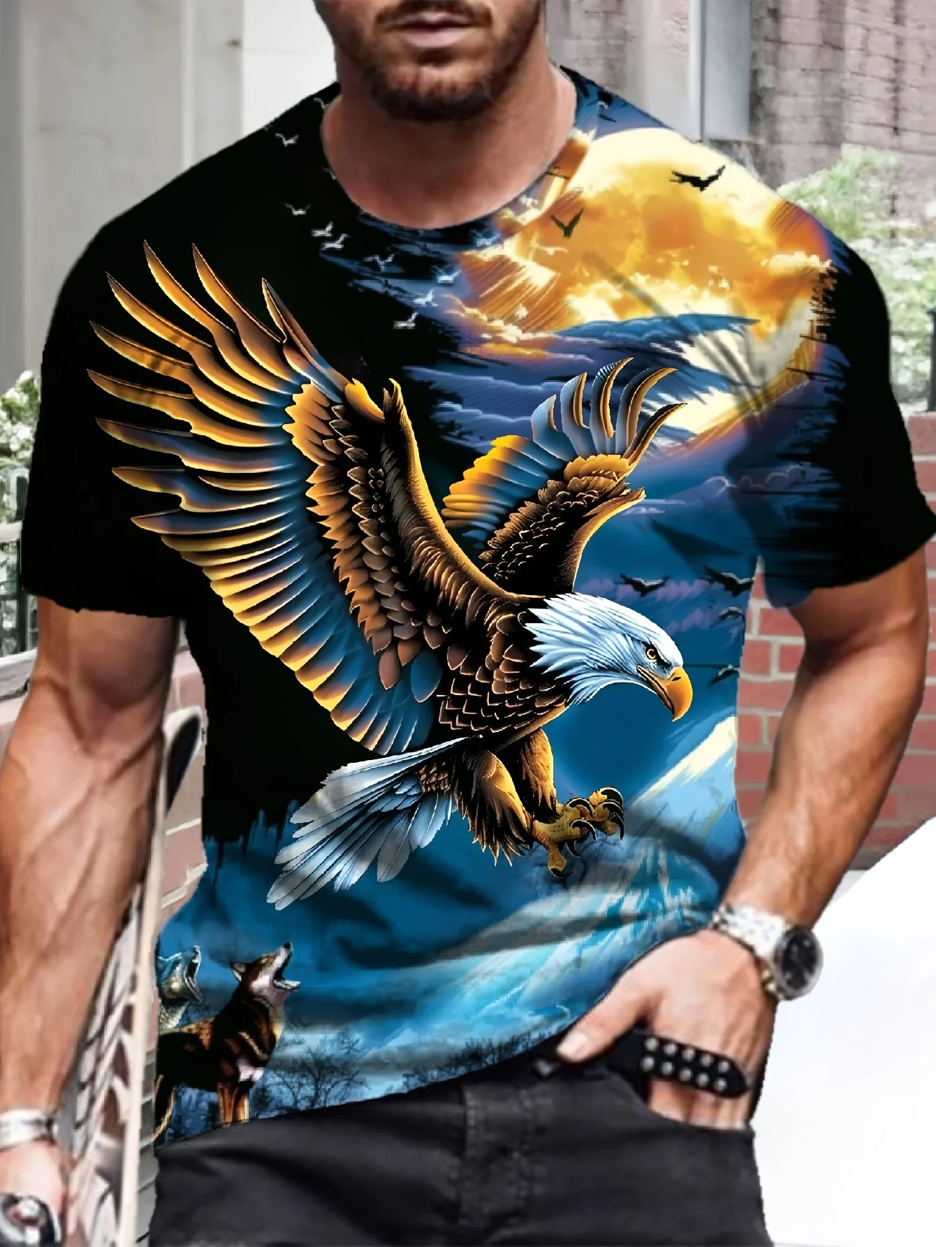 

Мужская футболка с 3D рисунком орла — с коротким рукавом, круглым вырезом, смесь полиэстера, яркий дизайн Eagle Wolf, повседневная уличная одежда на лето
