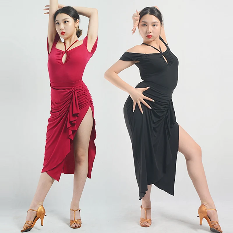 

Female Latin Dance Costume Red/Black ChaCha Competition Clothes Off-Shoulder Bodysuit Skirt Summer Samba Practice Wear DL10433