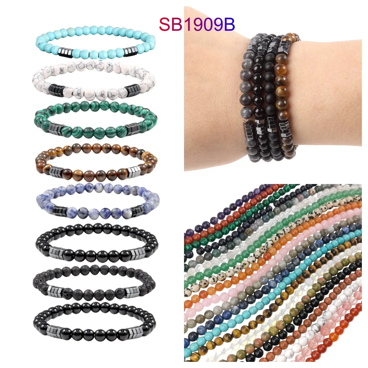 Sodalite 6 مللي متر الأحجار الكريمة المستديرة مطرز أساور ممتدة للنساء الرجال الهيماتيت الفواصل الخرز قابل للتعديل مرونة شفاء الطاقة #3