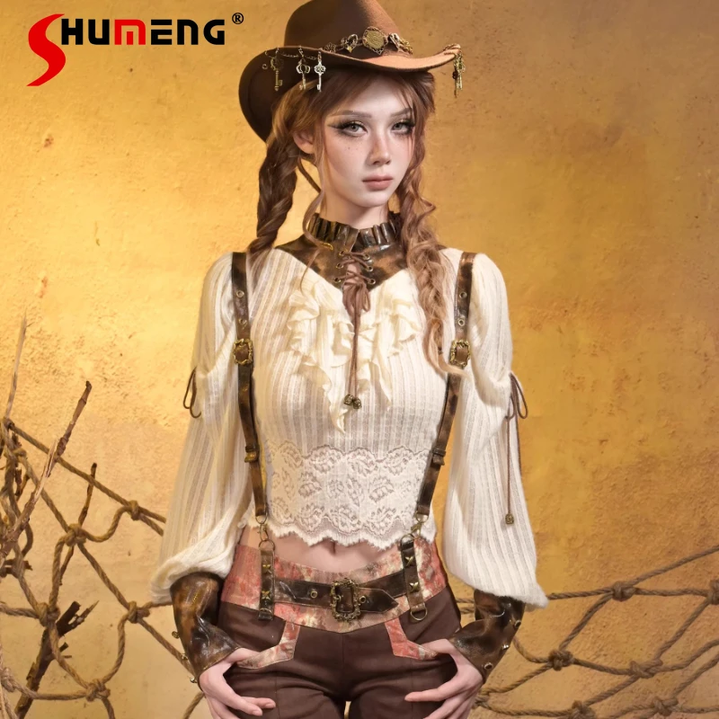 شتاء جديد البحرية طوق الدانتيل متابعة كشكش قميص النمط الياباني Rojita سليم صالح نصف عالية طوق نفخة الأكمام بلوزة الملابس النسائية #1