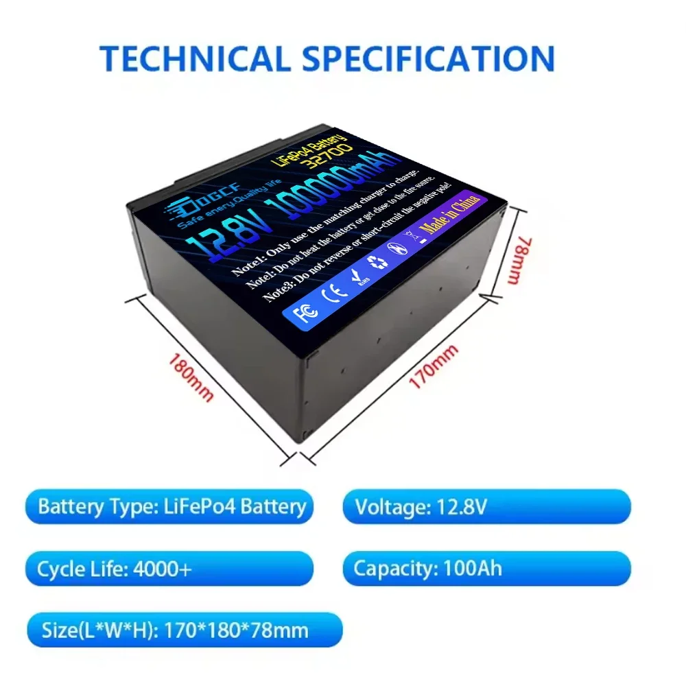

32700 12.8V 100Ah lithium iron phosphate battery,for Solar Marine Fish Finder Lighting 12V LiFePo4 Battery Built-in 100A BMS