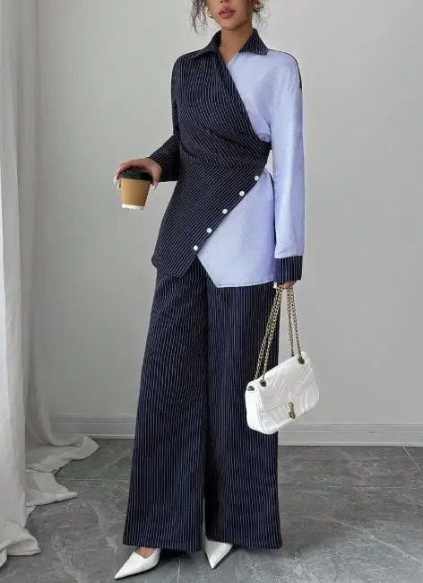 

Two Piece Set Women Outfit 2025 Spring Fashion Stripe Color Blocking Turn-Down Collar Long Sleeved Shirt & Straight Pants Set