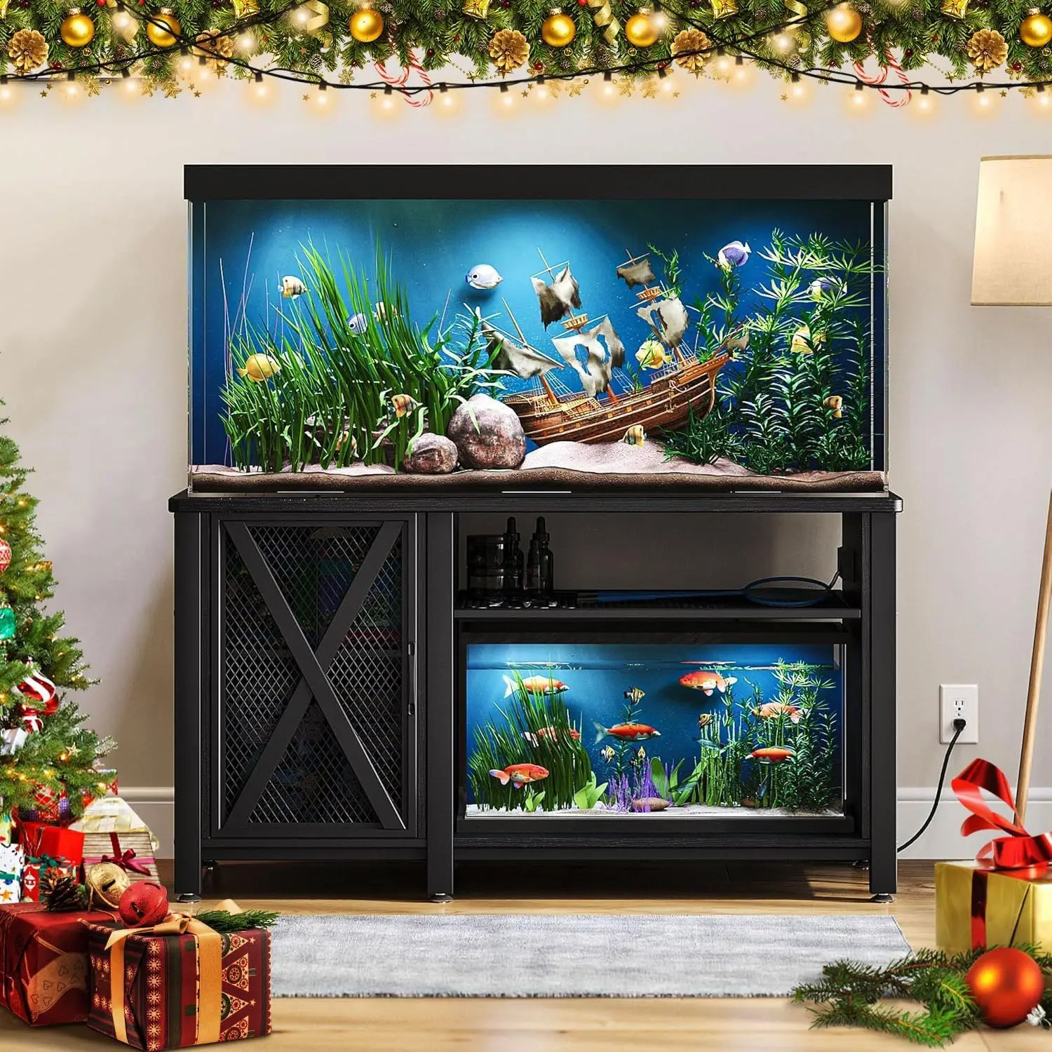 

55-75 Gallon Aquarium Stand with Power Outlets, Cabinet for Fish Tank Accessories Storage - Heavy Duty Metal Fish Tank Stand