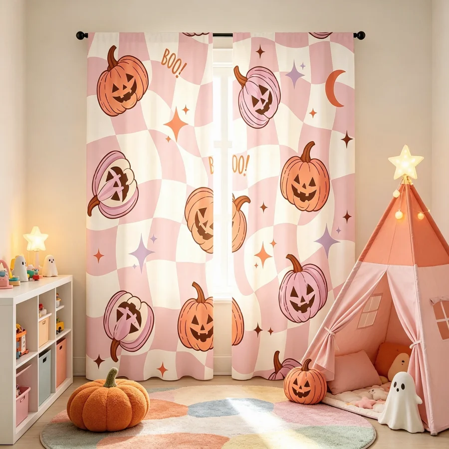 2PCS Digital Print Curtain, Pink White Plaid Pumpkin Halloween, Pastel Retro Checker for Living Room Bedroom Kitchen Decor