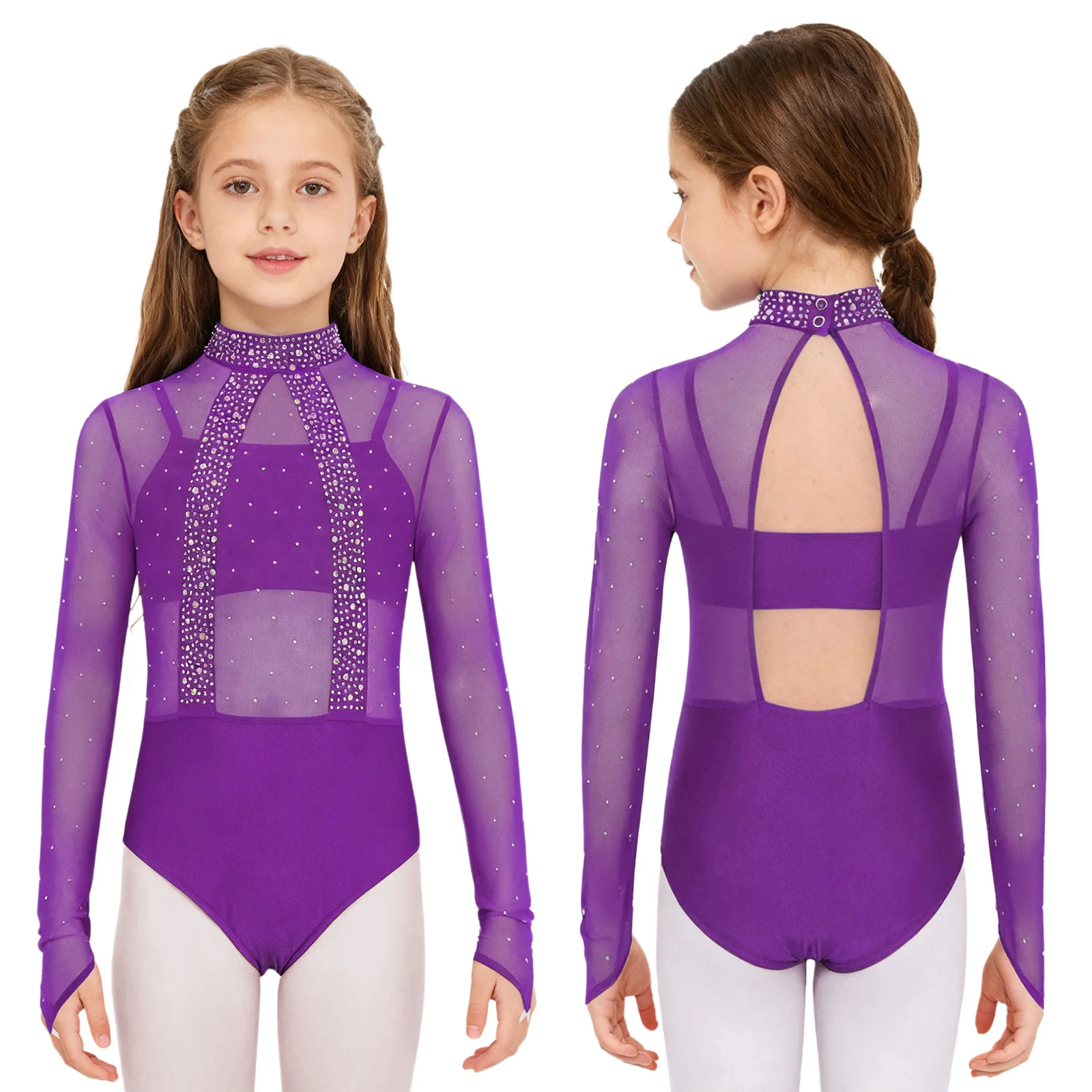 Bambini Ragazze Ballerina Pattinaggio su ghiaccio Abiti per spettacoli di danza Strass lucidi Corpetto in rete trasparente Body + Pantaloncini a canotta + Fascia per capelli