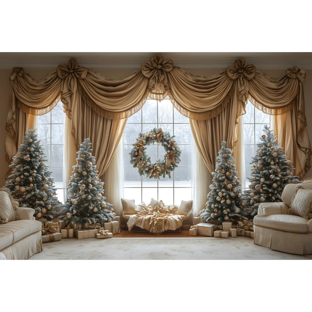 Indoor Christmas Photography Backdrop Christmas Tree Window Curtain Gifts Family Party Kids Portrait Xmas Photo Background Decor