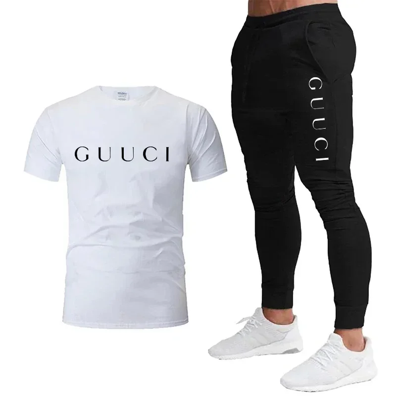 Summer casual sportswear men\'s clothing Short sleeve printed T-shirt + pants suit Fashion jogging fitness training two-piece set