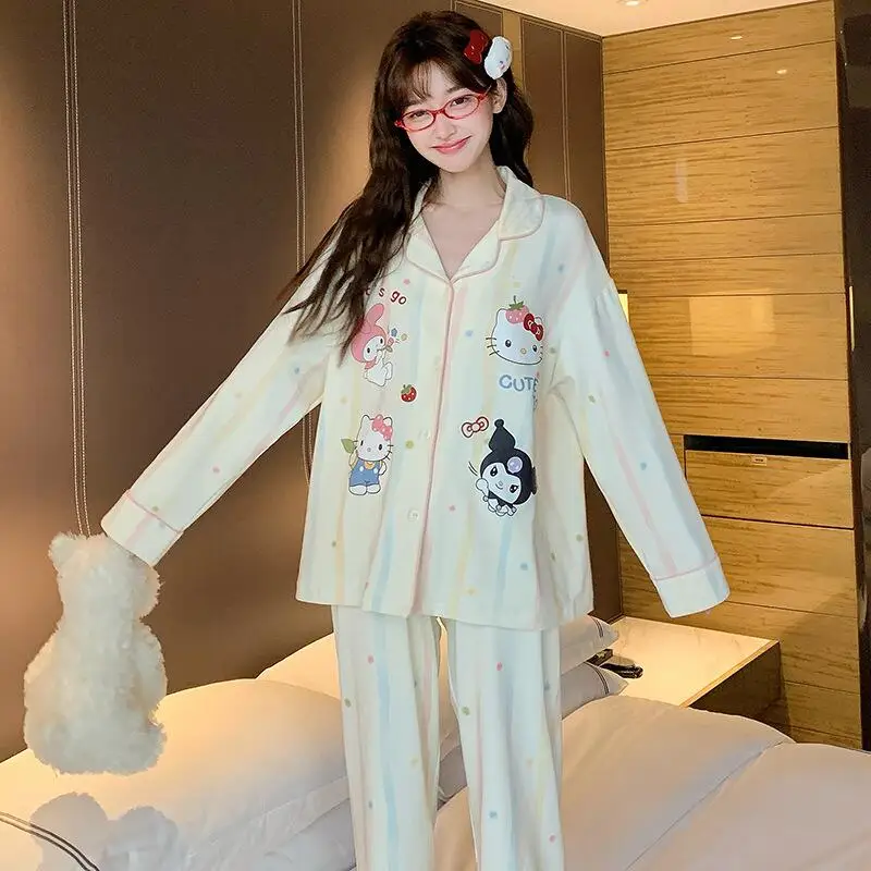 

Hot Anime Hello Kitty Women's Pajamas Cute girl Kuromi Cartoon Kawaii Print Home Clothing Sweet Style Casual Clothing for Women