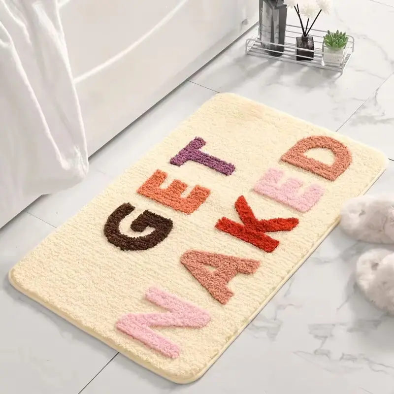 VIKAMA Funny Bath Mat Rainbow Stripes Get Naked Lettering Non Slip Absorbent Bathroom Rug Toilet Floor Mat Welcome Decor