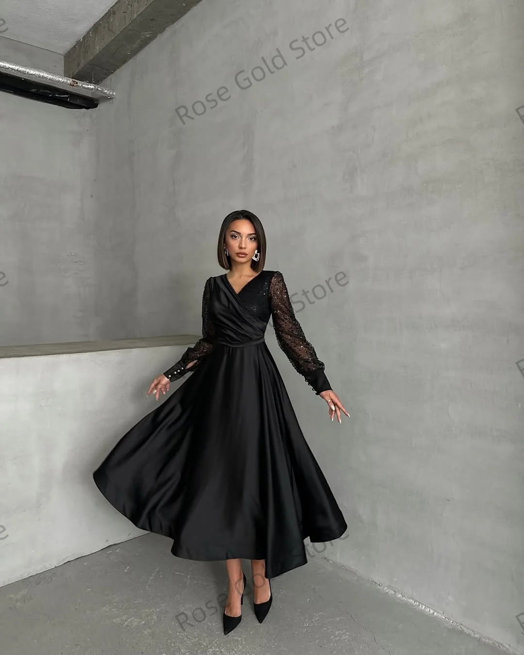 Clássico preto vestido de noite personalizado uma linha com decote em v mancha vestido de baile para festa elegante manga cheia miçangas vestido de gala