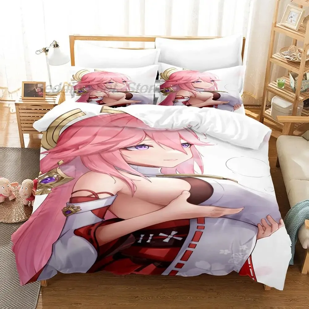 Genshin Impact Yae Miko Bedding Set Single Twin Full Queen King Size Bed Set Aldult Kid Bedroom Duvetcover Sets 3D Print Anime