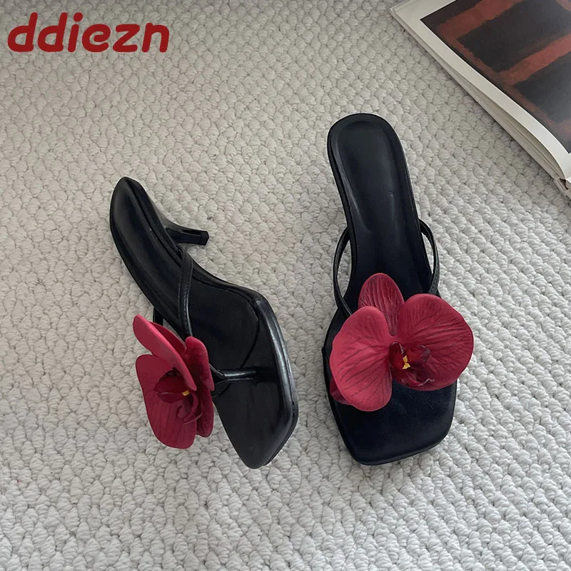 Slip On Pumps Ladies Medium Heels Shoes Fashion Flower Women Thin Heels Slides Shoes Female Flip Flops Footwear Big Size 43