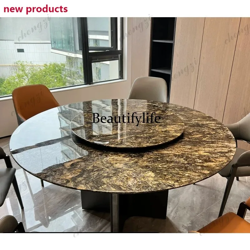 A68Imported platinum diamond luxury stone dining table round table light luxury high-end natural marble dining table with turnta