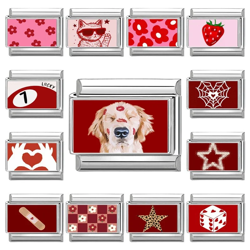 

Y2K Red Pink Heart Dog Cat Flowers Italian Charm Link fit 9mm Stainless Steel Jewelry DIY Making Bracelets For Gifts