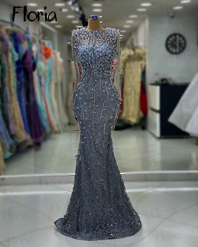 Glitter Long Chains Crystals Party Dress O Neck Mermaid Luxury Celebrity Gowns For Dinner personalizza Dubai Evening Prom Dresses