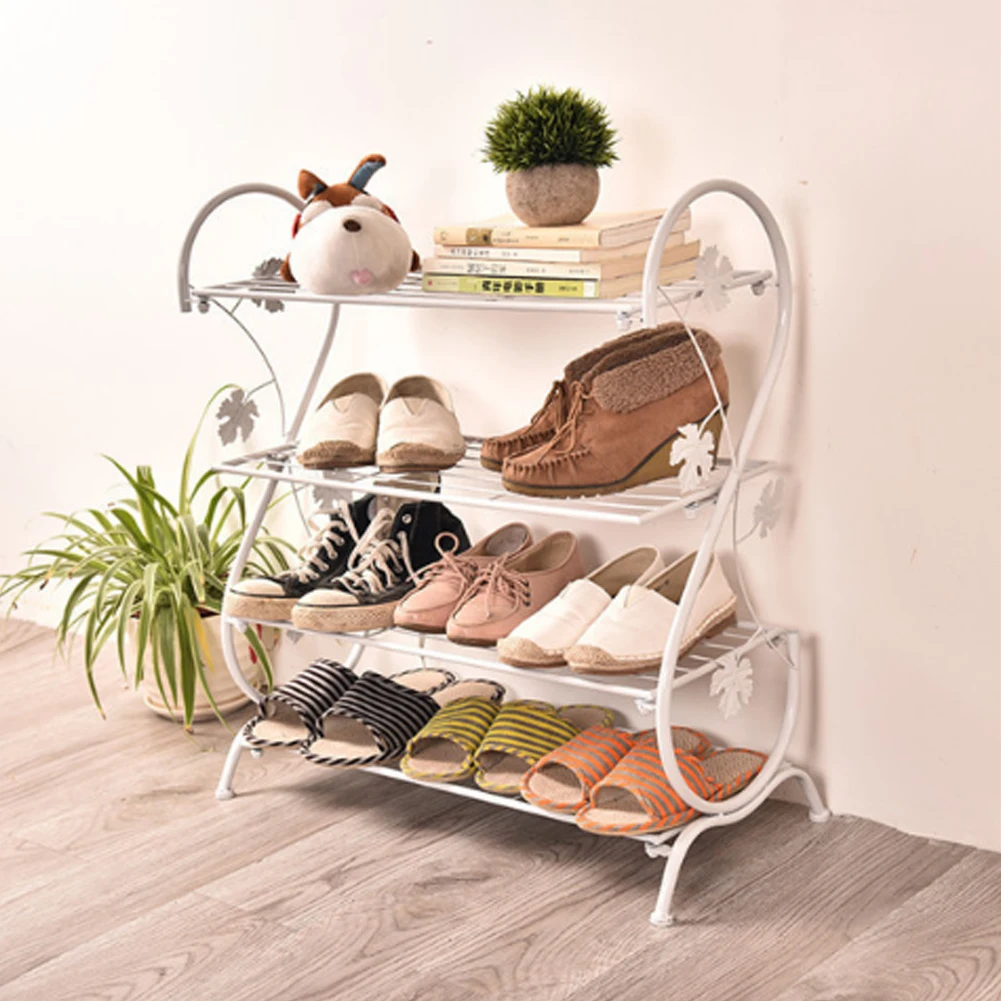 White Metal 4 Tier S-Shape Shoe Rack Storage Furniture Organizer Shelf