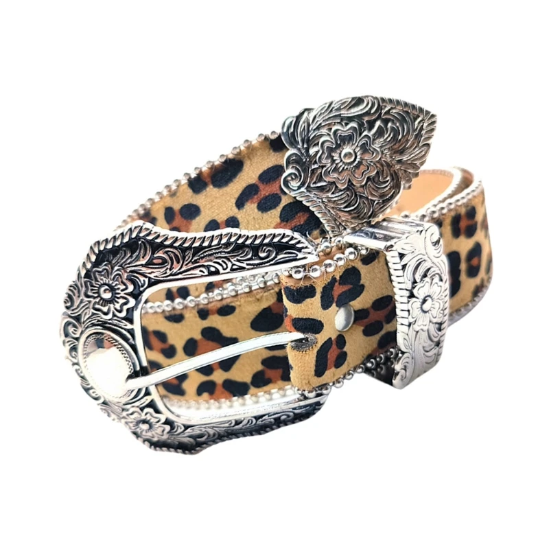 Cinturón con patrón leopardo 50JB para mujer, cinturón a cinturón con hebilla grabada a juego para adolescentes,