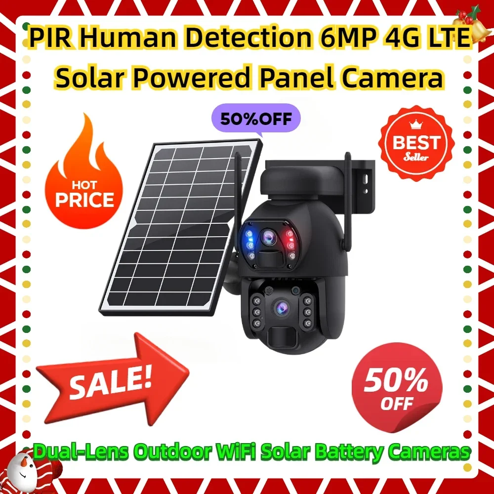 

Dual-Lens Outdoor WiFi Solar Battery Cameras PIR Human Detection 6MP 4G LTE Solar Powered Panel Camera Night Vision