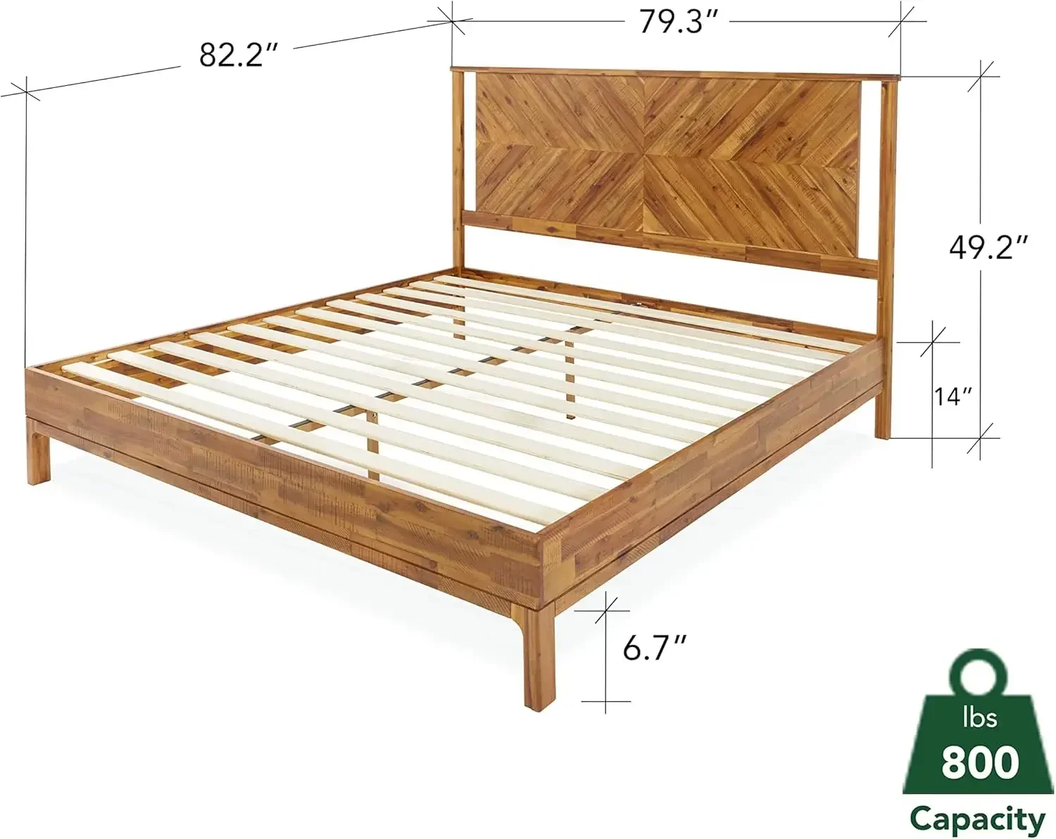 Vivian 14 Inch Deluxe Bed Frame with Headboard, Rustic & Scandinavian Style with Solid Acacia Wood,Rustic Golden Brown